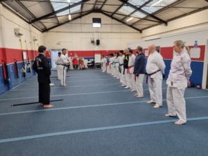 Lineup of adults from Star Martial Arts in Milton Keynes at an advances Taekwondo training session