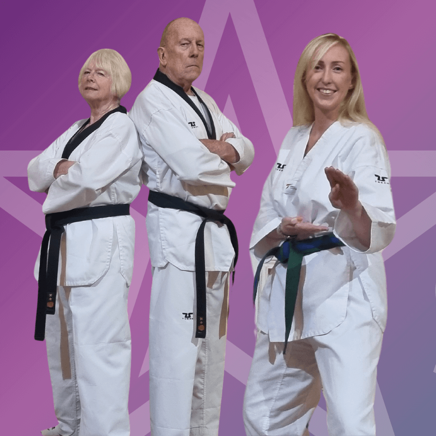 2 Senior Adults & a Female Adult doing Taekwondo pose in Taekwondo suits. Star Martial Arts logo in background.