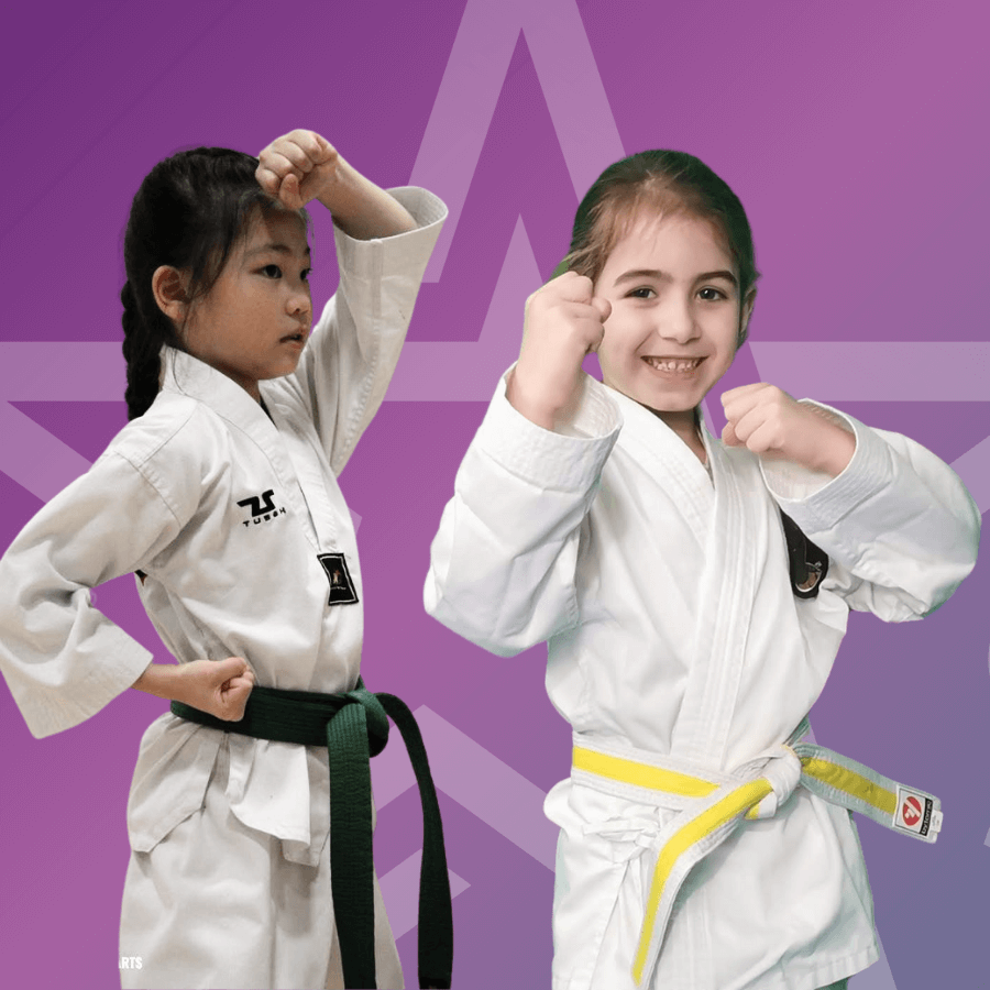 2 children (approx 8 yrs) doing Taekwondo pose in Taekwondo suits. Star Martial Arts logo in background.