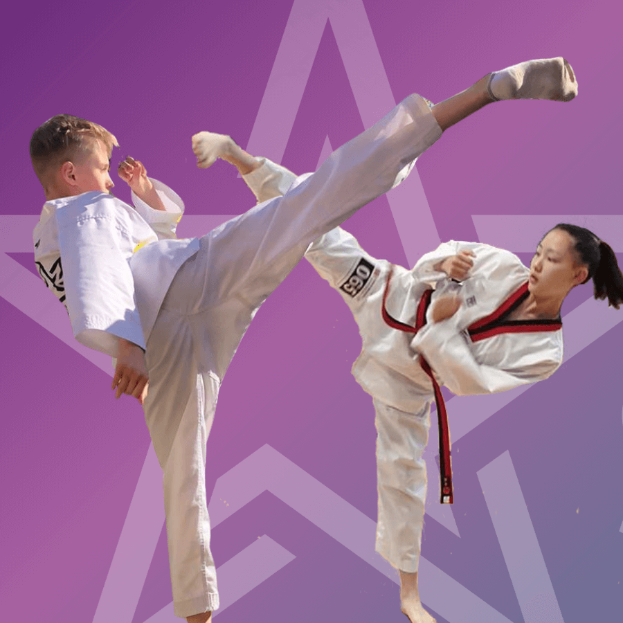 2 Teenagers doing Taekwondo kicks in Taekwondo suits. Star Martial Arts logo in background.