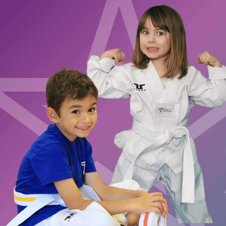 A young boy & girl doing Taekwondo pose in Taekwondo suits. Star Martial Arts logo in background.