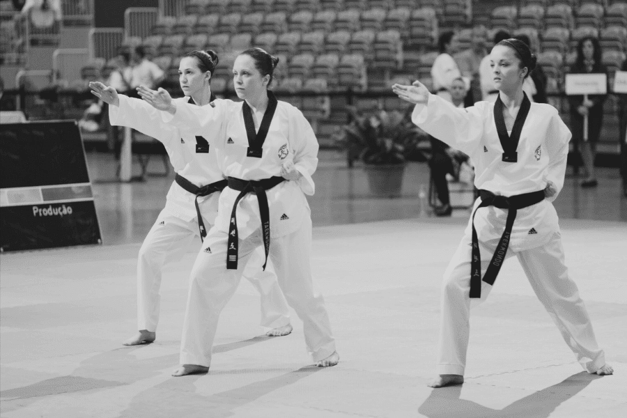 Black & white photo Star Martial Arts students at a Taekwondo competition - focussed