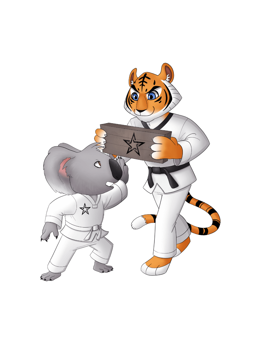 Star Martial Arts Tiger cartoon character holding a board whilst Star Martial Arts Koala cartoon character breaks the board